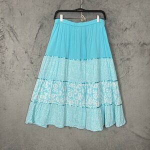 Cottagecore Tiered Prairie Maxi Skirt Plus Size 2X Blue White Crinkle Floral